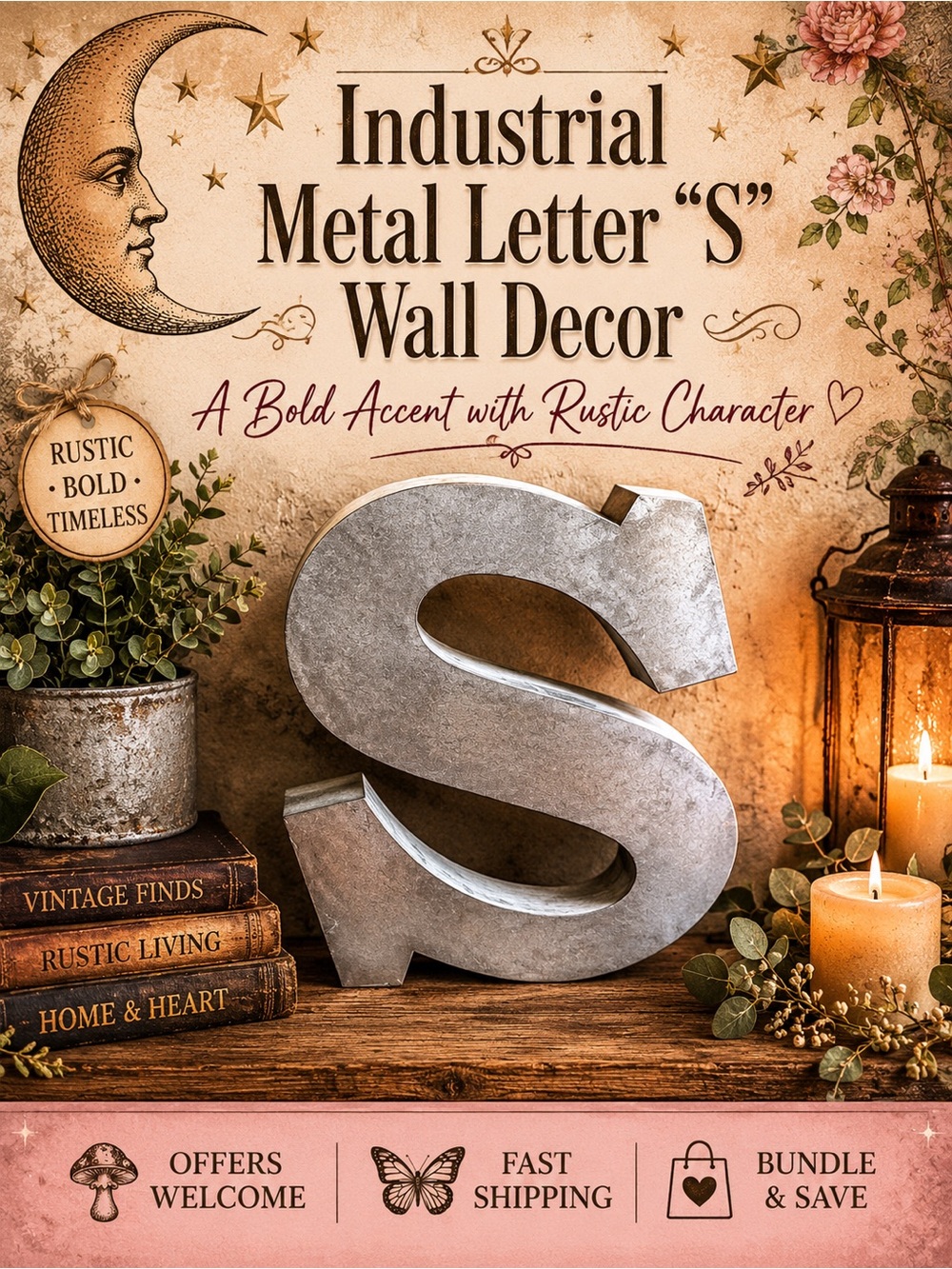 Industrial Metal Letter S Wall Decor Rustic Farmhouse Initial Sign